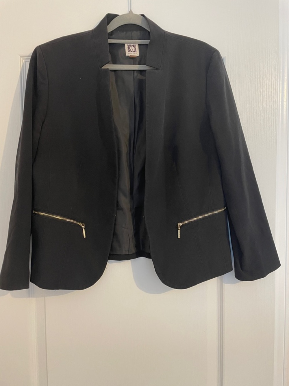 Anne Klein Black Open-Front Blazer with Notch Collar and Gold Zipper Pockets